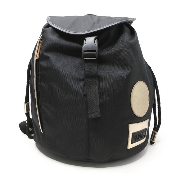 VERSACE Parfums Black Nylon Backpack Gold Medusa Logo Bag Travel Gym Drawstring - Picture 1 of 13